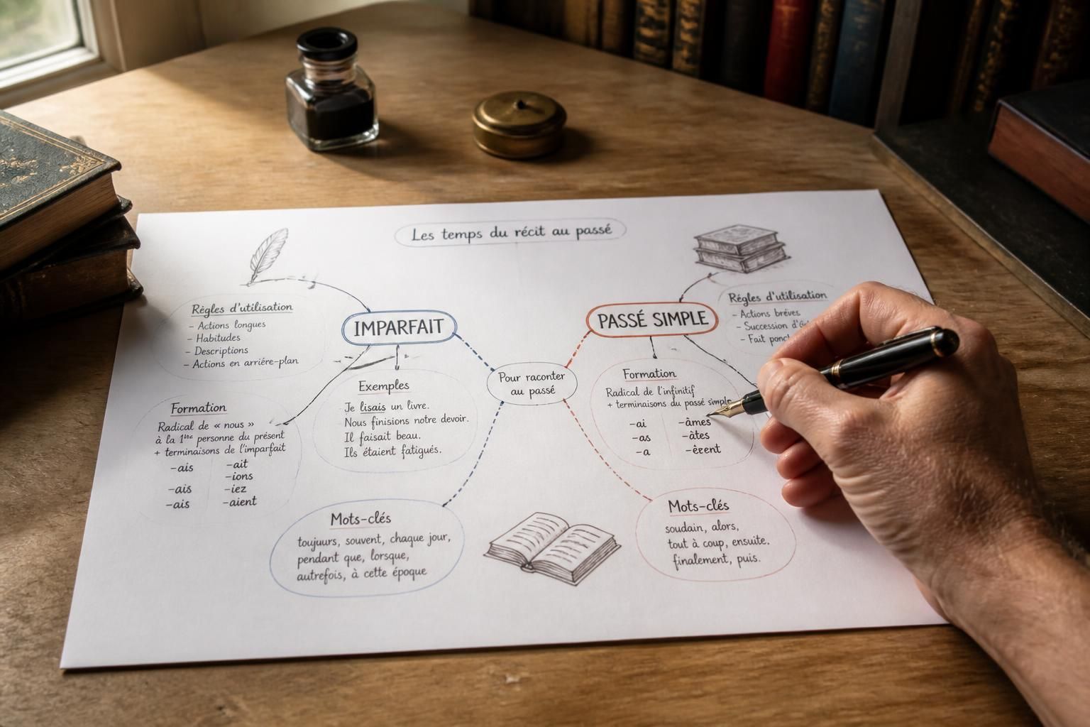découvrez une carte mentale claire et efficace pour maîtriser l'imparfait et le passé simple, deux temps essentiels de la grammaire française.