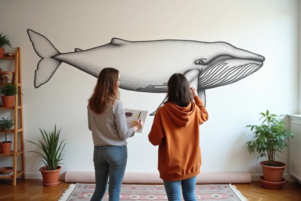 Deux femmes collaborant sur une grande fresque murale de baleine à relier dans un atelier créatif à domicile