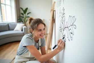 Femme en tablier de lin reliant des points sur une grande fresque murale botanique dans un salon scandinave