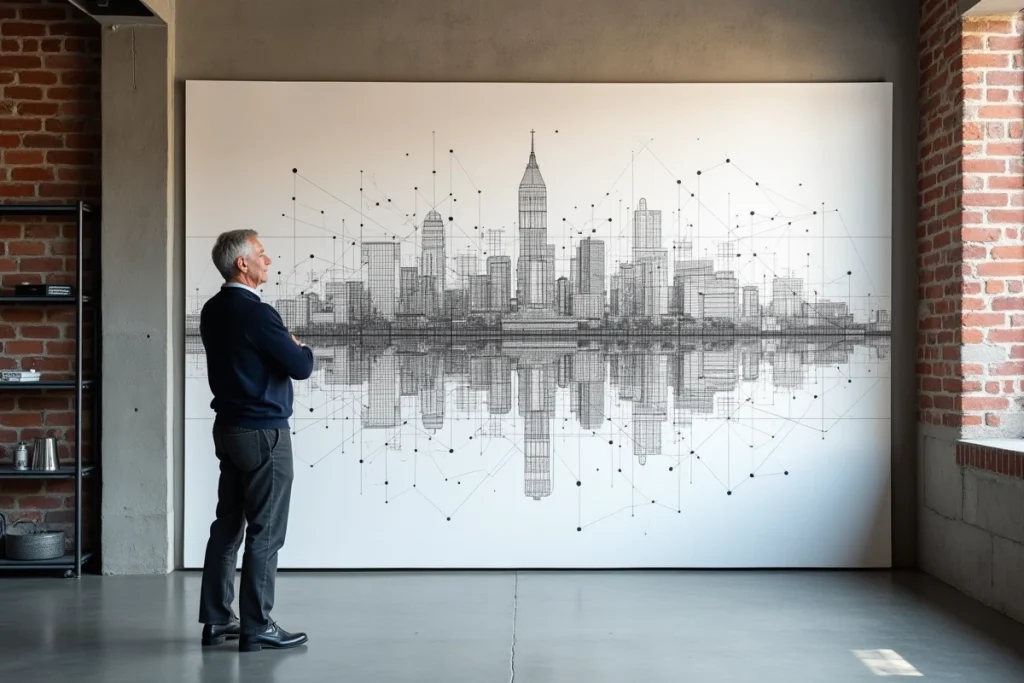 Homme admirant une grande fresque murale géométrique à relier dans un loft industriel