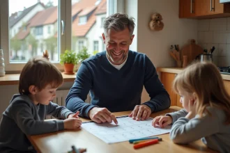 Père divorcé planifiant les vacances scolaires du Baden-Württemberg 2026 avec ses enfants autour d'un calendrier imprimé