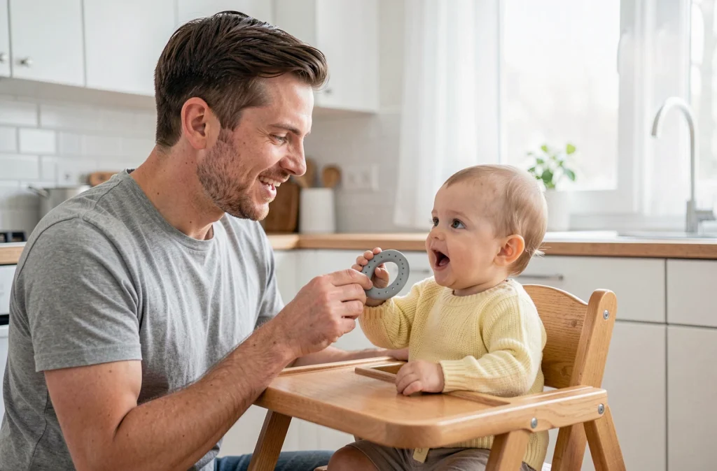 Père donnant un anneau de dentition en silicone à son bébé dans la cuisine
