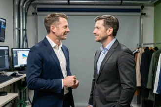 Anthony Favalli et Florian Tardif en coulisses d'un studio de télévision, deux professionnels des médias en discussion informelle