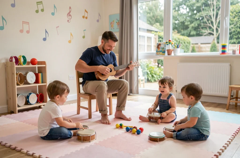 Éducateur musical jouant du ukulélé devant des tout-petits en crèche lors d'un atelier d'éveil sonore