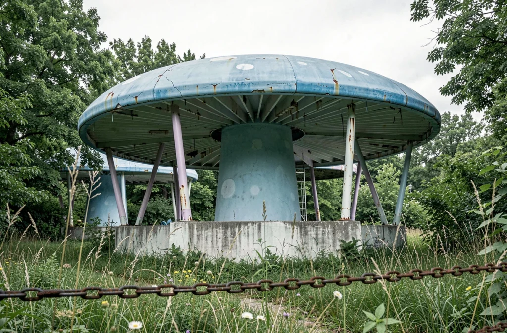 Ancienne attraction abandonnée en forme de champignon géant du Parc des Schtroumpfs envahie par la végétation