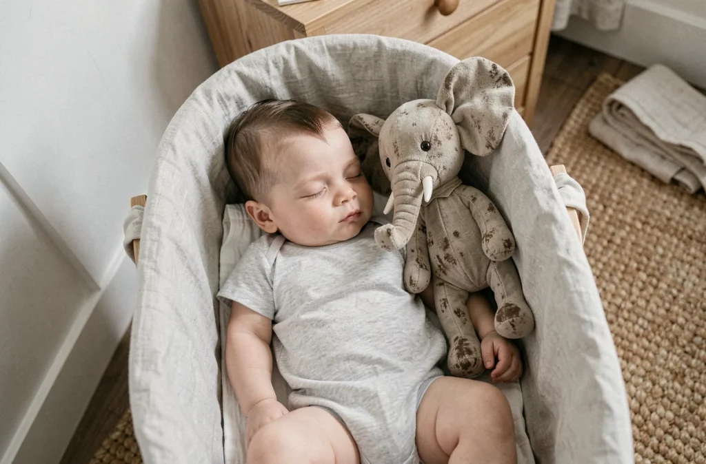 Bébé endormi en grenouillère grise serrant un petit doudou éléphant dans un couffin habillé de lin