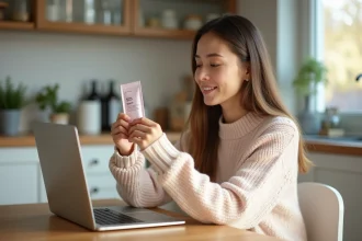 Jeune maman commandant un kit échantillon bébé gratuit en ligne depuis sa cuisine