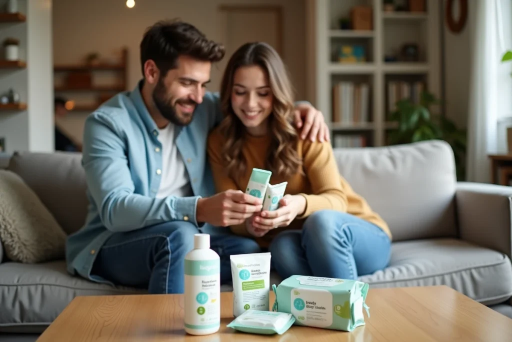 Couple de jeunes parents comparant des échantillons gratuits de produits bébé à la maison