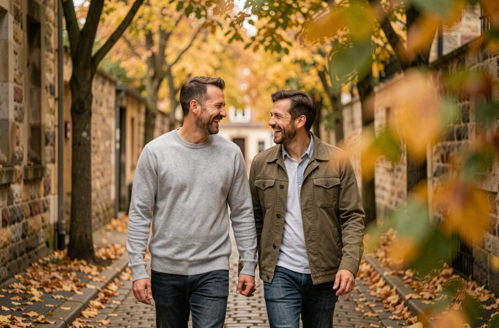Deux hommes marchant ensemble dans une ruelle pavée en automne, illustrant une relation amoureuse complice et discrète