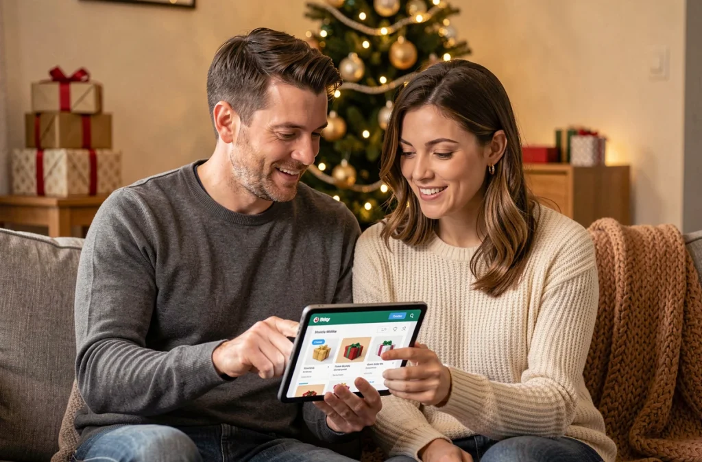 Couple planifiant leur liste de cadeaux en ligne pour Noël sur une tablette dans un salon décoré
