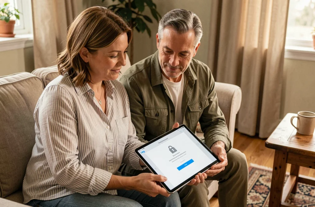 Couple consultan le portail famille de Meudon sur une tablette pour gérer leurs données personnelles en toute sécurité