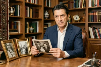 Portrait de Darius Rochebin dans un bureau chargé de souvenirs familiaux et culturels d'origine iranienne