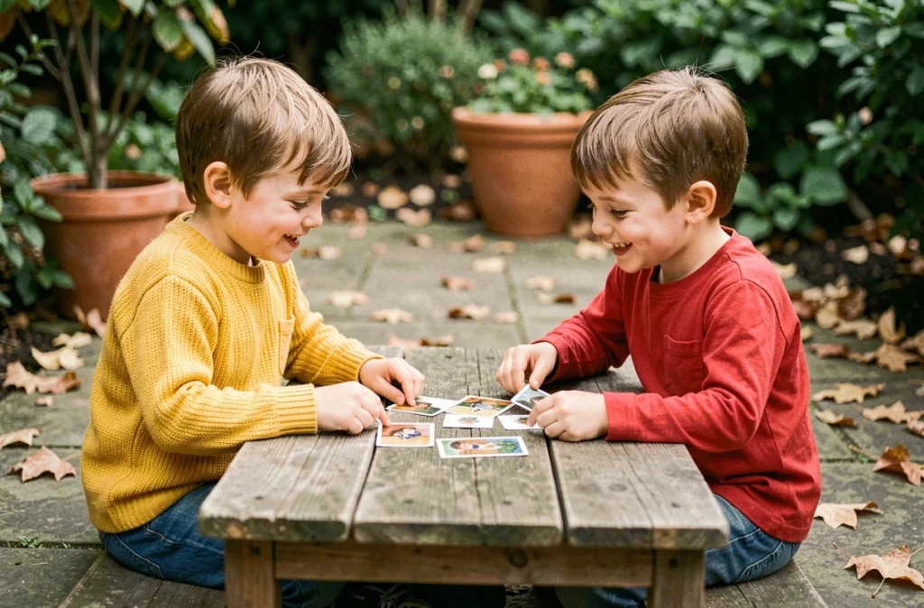 Deux enfants de 4 ans jouant ensemble à un jeu de cartes éducatif en plein air, montrant l'importance du jeu coopératif adapté à leur âge