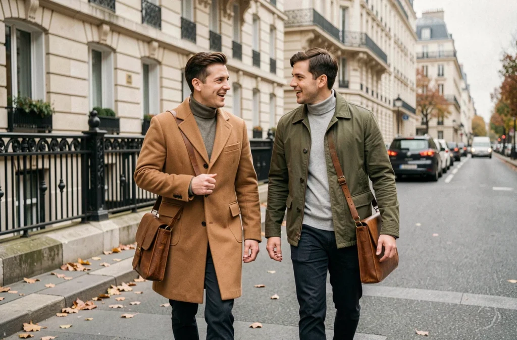 Deux professionnels des médias marchant dans une rue parisienne, évoquant la relation professionnelle entre Anthony Favalli et Florian Tardif