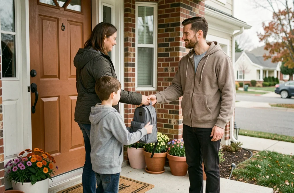 Échange de garde alternée devant la maison familiale lors d'une semaine de transition