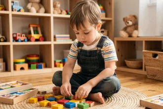 Enfant de 4 ans concentré sur un puzzle en bois coloré dans une salle de jeux, illustrant le choix de jeux adaptés à son âge