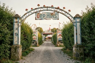 Entrée vintage du Parc des Schtroumpfs avec décorations en forme de champignons et ambiance nostalgique des années 90