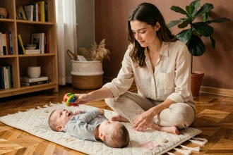 Mère jouant avec un hochet coloré devant son bébé allongé sur un tapis d'éveil musical