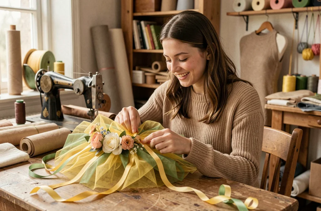 Jeune femme confectionnant un chapeau de Sainte-Catherine dans un atelier artisanal avec tulle et rubans verts et jaunes