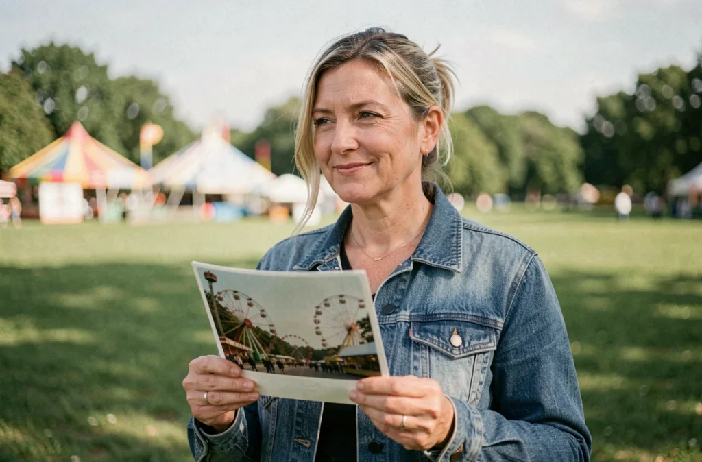 Femme tenant une vieille photo souvenir du Parc des Schtroumpfs avec un regard nostalgique et ému