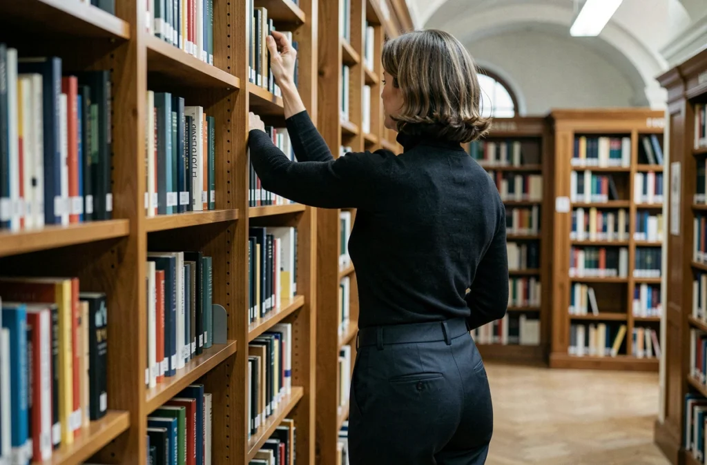 Femme de dos dans une bibliothèque publique illustrant le respect de l'anonymat et de la vie privée dans les médias
