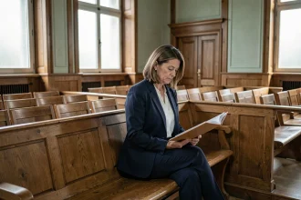 Femme assise seule dans une salle d'audience JAF tenant des documents juridiques, illustrant l'absence à une convocation judiciaire