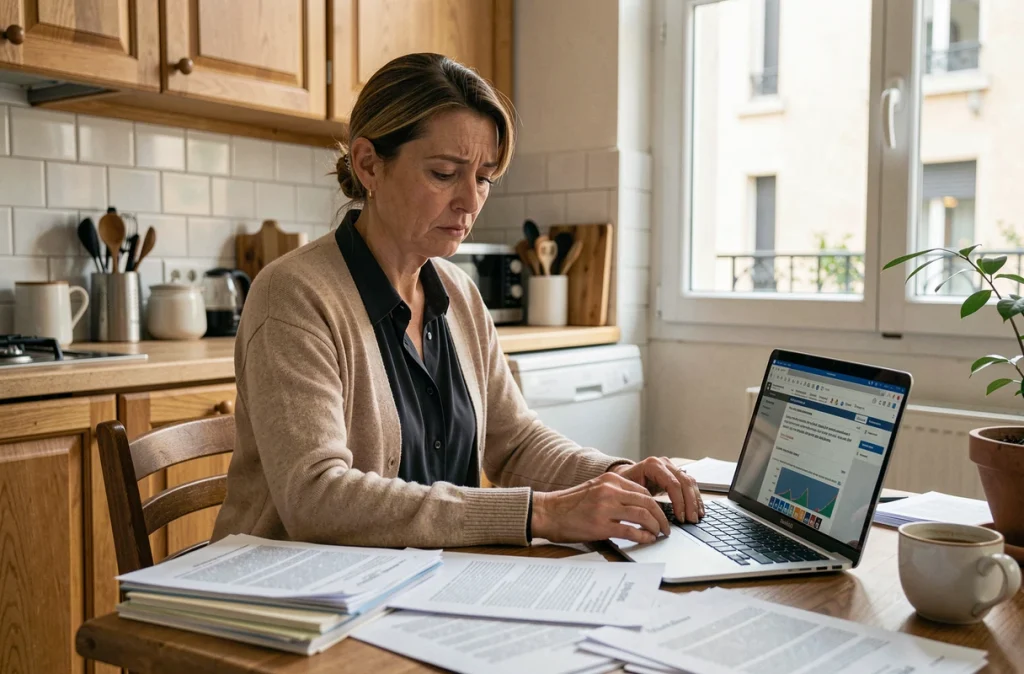 Femme étudiant des documents juridiques liés à une audience JAF depuis son domicile, représentant la préparation aux droits et recours en cas d'absence