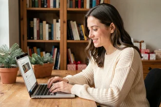 Femme consultant sa liste de souhaits en ligne sur un ordinateur portable pour Noël et anniversaires