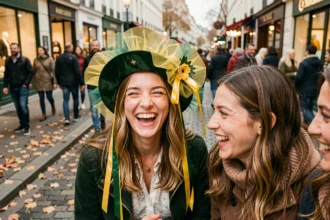 Jeune femme de 25 ans portant un chapeau de la Sainte-Catherine lors d'une célébration dans les rues de Paris en automne