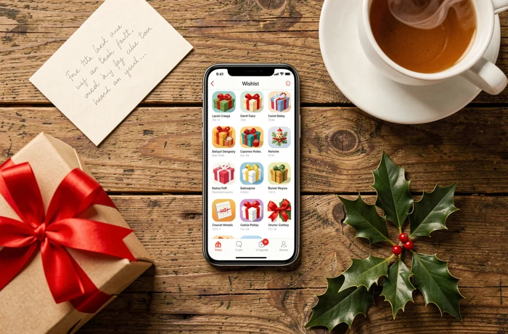 Vue de dessus d'un smartphone affichant une liste de souhaits en ligne entourée de cadeaux de Noël sur une table en bois