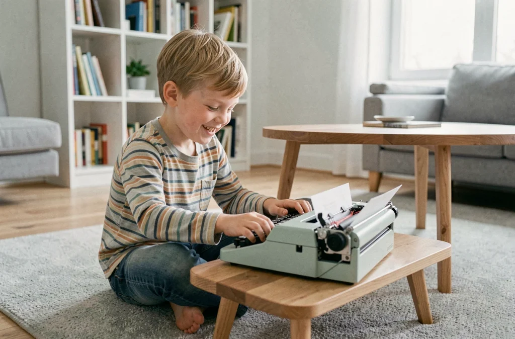 Garçon souriant tapant sur une machine à écrire jouet colorée posée sur une table basse dans un salon moderne