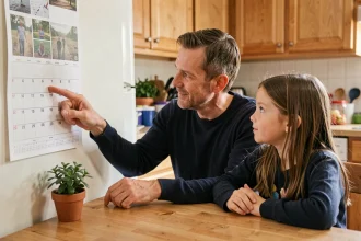 Père et fille consultant un calendrier pour organiser la garde alternée semaine paire et impaire