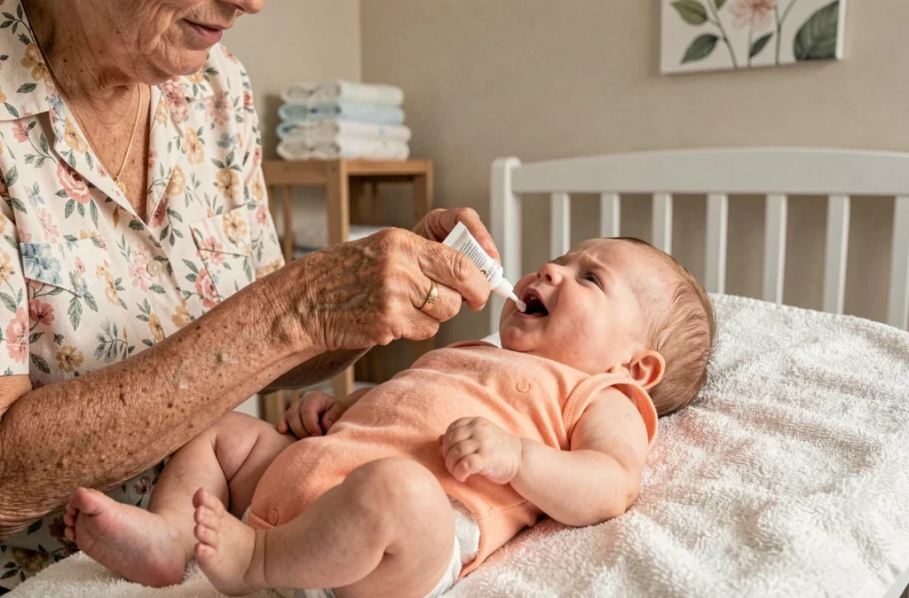 Grand-mère appliquant un gel apaisant sur les gencives de son petit-enfant en période de dentition