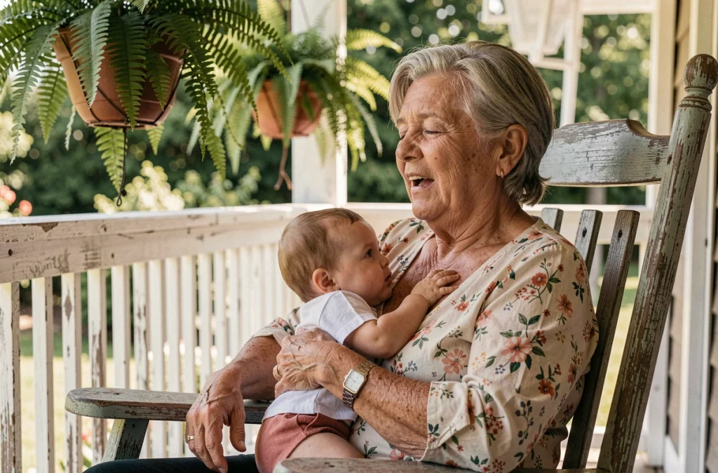Grand-mère chantant doucement à son nourrisson sur une terrasse en bois, éveil musical dès la naissance