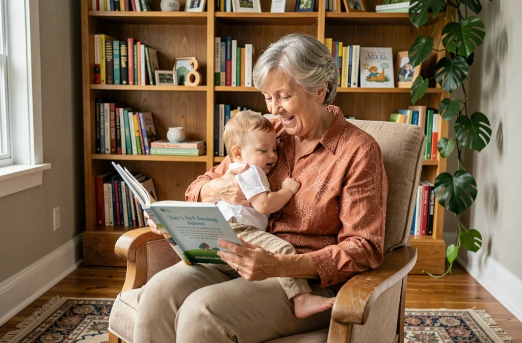 Grand-mère lisant à voix haute à son nourrisson dans un coin lecture bibliothèque avec étagères et fauteuil vintage