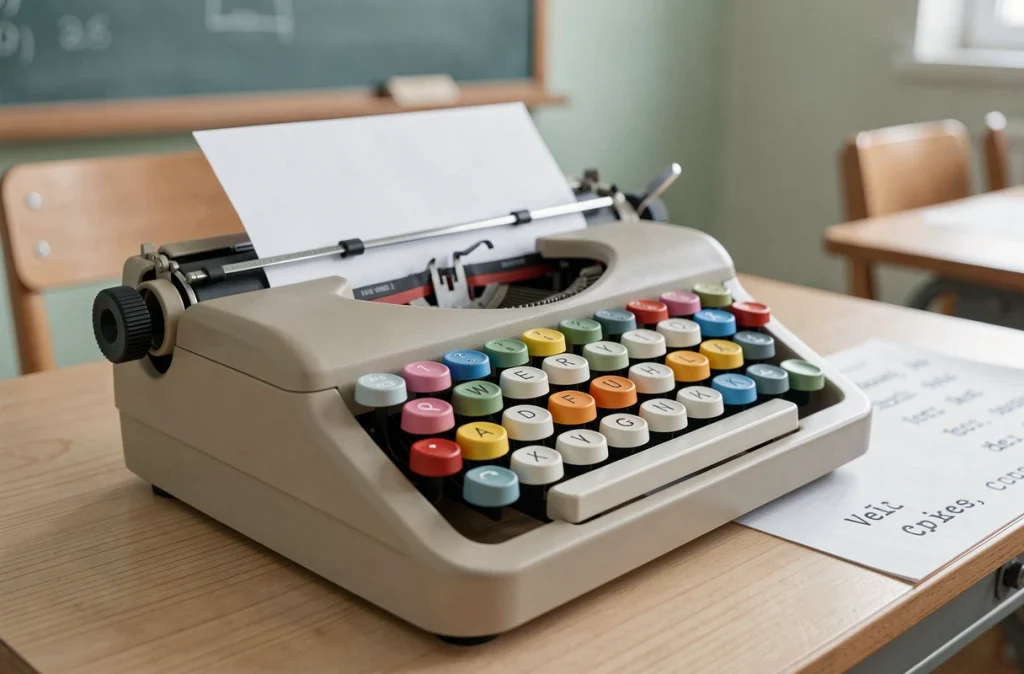 Gros plan d'une machine à écrire pour enfant avec touches colorées et feuille de papier sur un bureau d'école en bois