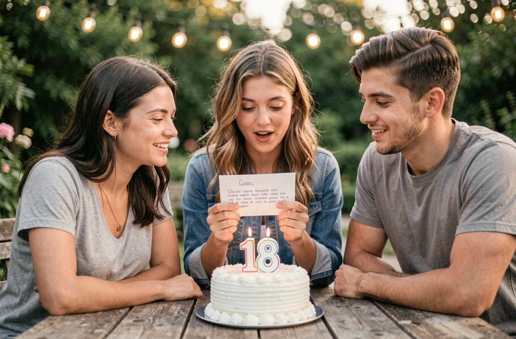 Groupe d'amis de 18 ans célébrant un anniversaire en terrasse, un message court lu à voix haute avec émotion autour d'un gâteau