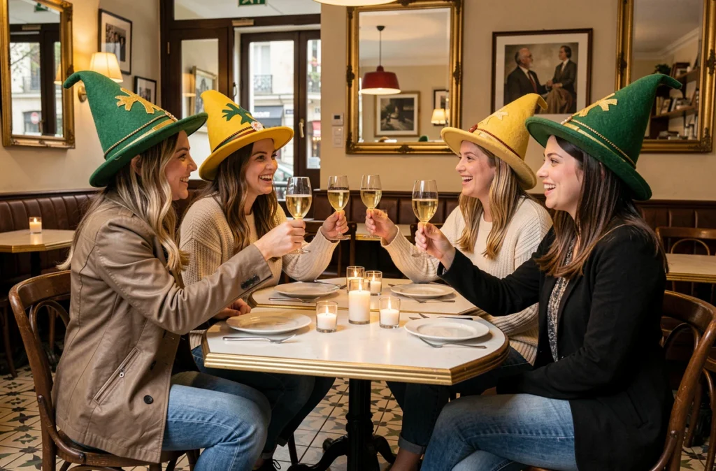Groupe de jeunes femmes de 25 ans fêtant la Sainte-Catherine dans un café parisien avec des chapeaux traditionnels verts et jaunes