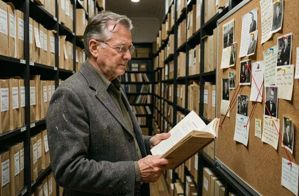 Historien étudiant un dossier criminel dans les archives, entouré de documents et de photos d'époque