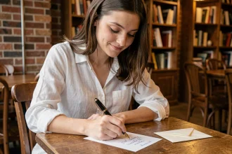 Jeune femme de 18 ans écrivant un message court et sincère à la main dans un carnet, dans un café chaleureux aux murs en brique