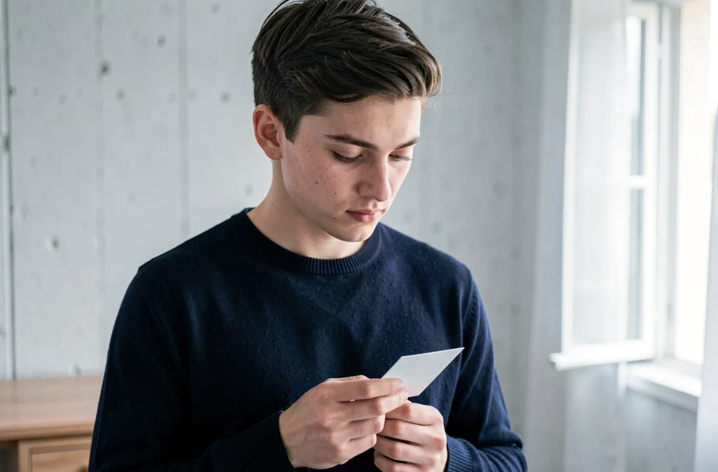 Jeune homme de 18 ans tenant un message d'anniversaire court et touchant contre sa poitrine dans une chambre minimaliste