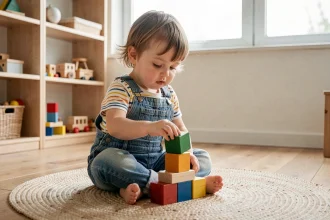 Petite fille de 3 ans construisant une tour de cubes en bois colorés dans une salle de jeux minimaliste, favorisant l'autonomie et la concentration