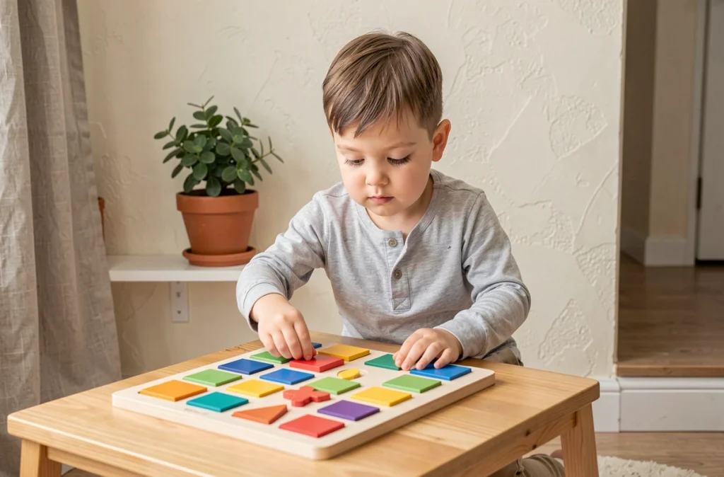 Garçon de 3 ans réalisant seul un puzzle de formes géométriques à une table basse en bois, activité qui développe l'autonomie et la motricité fine