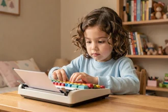 Jeune fille utilisant une machine à écrire pour enfant aux touches colorées, assise à un bureau en bois dans une chambre décorée