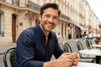 Homme souriant assis en terrasse de café parisien, évoquant la discrétion et l'intimité d'une vie amoureuse préservée