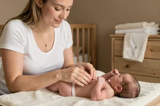 Jeune mère massant doucement les pieds de son nouveau-né pour apaiser les pleurs du soir dans une chambre de bébé chaleureuse