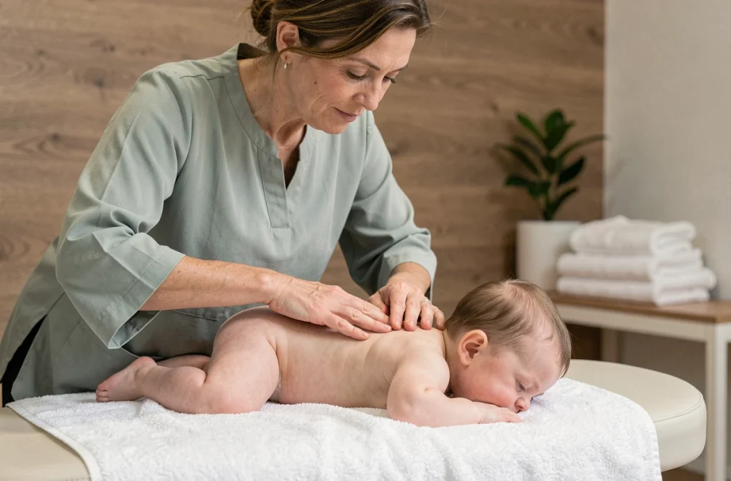 Spécialiste du massage bébé réalisant un massage du dos sur un nourrisson détendu dans un studio de bien-être professionnel