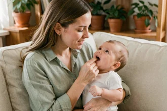 Mère massant les gencives de son bébé pour soulager la poussée dentaire