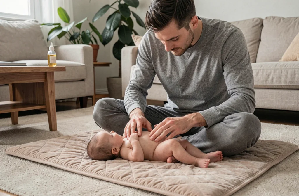 Père pratiquant un massage abdominal apaisant sur son bébé de trois mois posé sur un tapis moelleux dans un salon familial