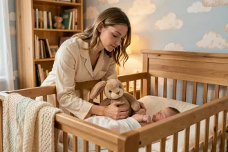 Mère déposant un doudou lapin usé auprès de son bébé endormi dans un berceau en bois dans une chambre douce et naturelle